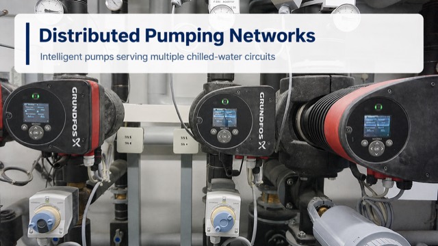 Three Grundfos MAGNA3 pumps mounted side by side on adjacent chilled-water circuits, each with its own control display and actuated valve.
