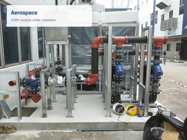 A YORK modular chiller installation at an aerospace facility, with the associated pump set, valves and headers on a galvanised support frame.