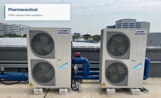 Two YORK modular chiller units on a rooftop at a pharmaceutical facility, connected to insulated chilled-water pipework.