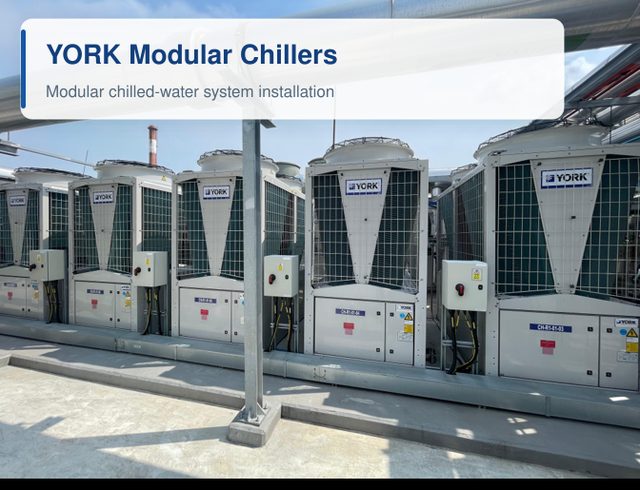 A bank of YORK modular air-cooled chillers on a rooftop, each with its own local control panel.