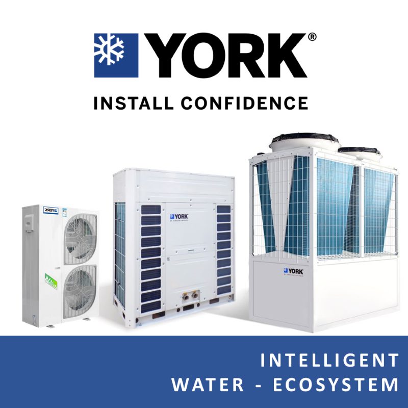 The YORK Intelligent Water Ecosystem equipment range: a residential YVAG unit, a modular air-cooled unit and a larger modular air-cooled chiller.