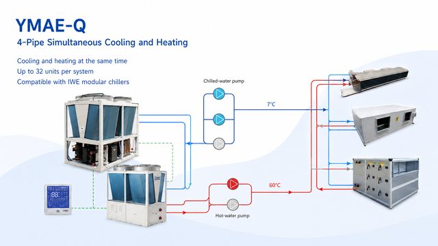 Schematic of a YMAE-Q 4-pipe system providing simultaneous cooling and heating to fan-coil, ducted and air-handling terminal units.