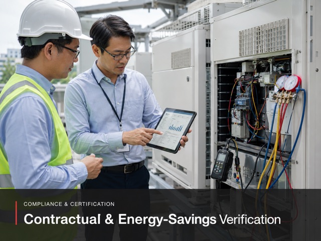 Two people going through a measured savings report on a tablet, with gauges and a logger connected to the VRF unit behind.