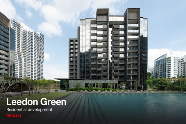 The pool deck and apartment blocks at Leedon Green, Singapore, served by Kingspan PIRALU pre-insulated ductwork.