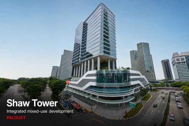 Shaw Tower, Singapore: a stepped glass office and retail tower on Beach Road, served by Kingspan PalDuct pre-insulated ductwork.