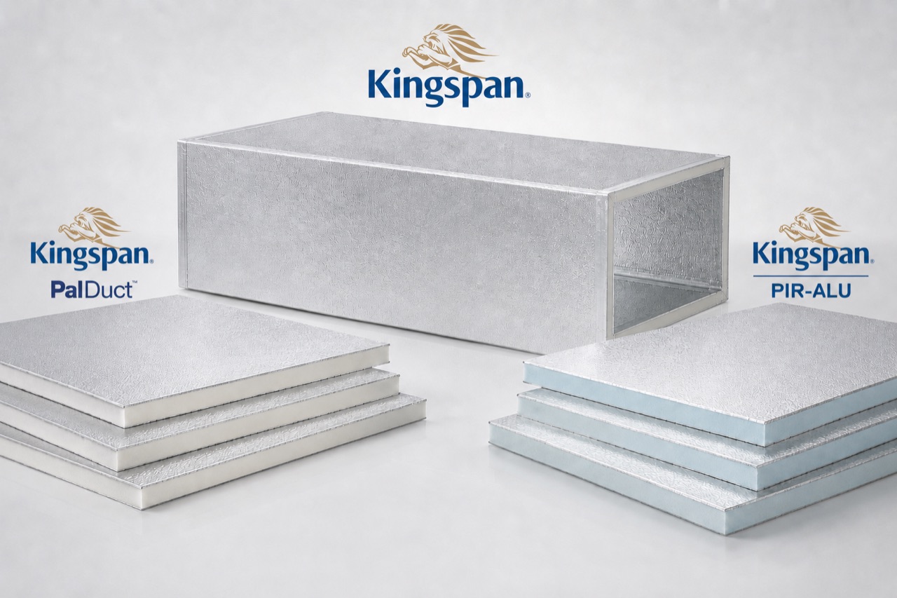 A formed Kingspan pre-insulated duct section with stacks of PalDuct and PIR-ALU panels either side of it: PalDuct with a white PIR core, PIR-ALU with a blue one, both faced in embossed aluminium.