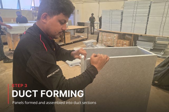 Step 3, duct forming: a fabricator folding a grooved PIR panel up into a rectangular duct section. Panels formed and assembled into duct sections.