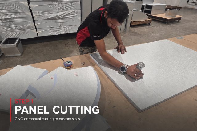 Step 1, panel cutting: a YITAC fabricator running a hand tool along a marked aluminium-faced PIR panel at the cutting bench. CNC or manual cutting to custom sizes.