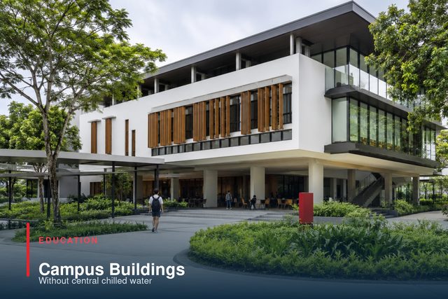 A low-rise campus building with timber sun-shading fins and an open ground-floor colonnade.