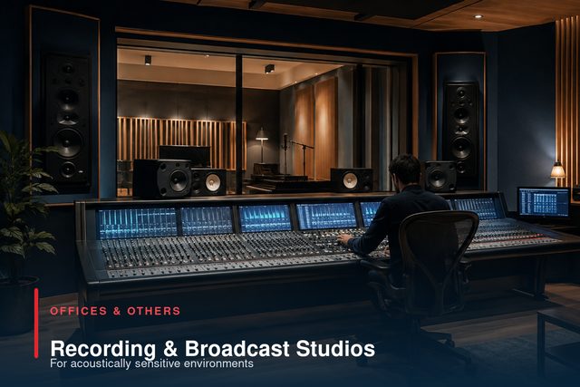A recording studio control room with a large mixing console and a window into the live room beyond.